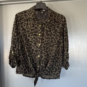 Zena Women's Button Front Black Leopard Cropped Top 3/4 Roll Tab Sleeves sz S